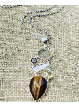 Silver (925) necklace with authentic stones Citrin, Kapnia Quartz, Quartz with rutilium, Tiger's Eye and Avalone Shell
