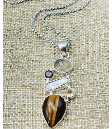 Silver (925) necklace with authentic stones Citrin, Kapnia Quartz, Quartz with rutilium, Tiger's Eye and Avalone Shell