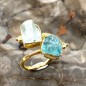 Ασημένιο 925 και επιχρυσωμένο με 18k ανοιγόμενο δαχτυλίδι με ακατέργαστους αυθεντικούς λίθους Ακουαμαρίνας και Απάτητη.