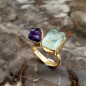 Ασημένιο 925 επιχρυσωμένο με 18k ανοιγόμενο δαχτυλίδι με λίθους Ακουαμαρίνας και Αμέθυστου.