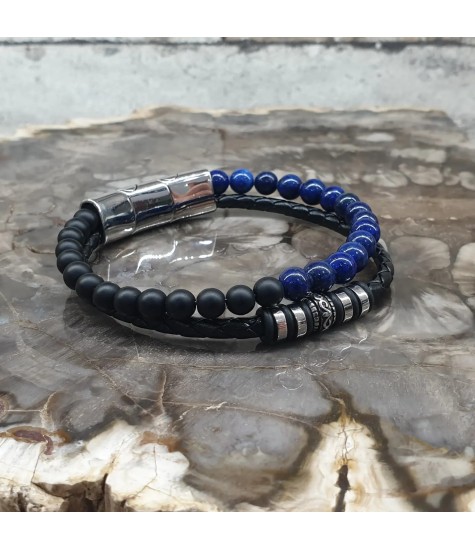 Ανδρικό δερμάτινο βραχιόλι με Λάπις Λάζουλι και Λάβα.