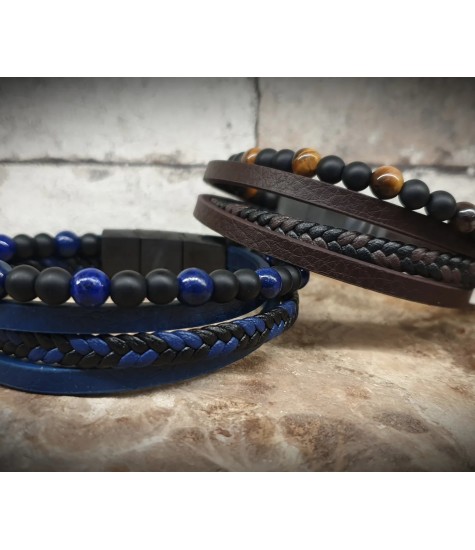 Ανδρικά δερμάτινα βραχιόλια με Λάπις Λάζουλι - Λάβα  και Μάτι Τίγρης - Λάβα