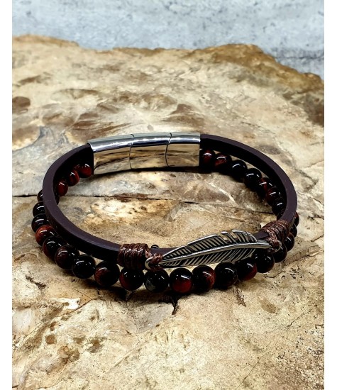 Ανδρικό δερμάτινο βραχιόλι με Μάτι Ταύρου και ατσάλινο φτερό.