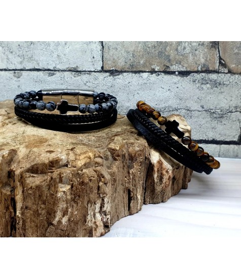 Ανδρικά δερμάτινα βραχιόλια με Αιματίτη  - Οψιδιανό Νιφά και Αιματίτη - Μάτι Τίγρης.