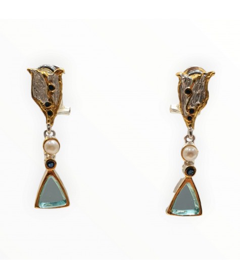 Χειροποίητα Σκουλαρίκια Ασήμι 925 με Επιχρύσωση, Μαργαριτάρι, Τοπάζι & Ακουαμαρίνα