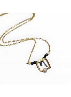 Χειροποίητο Ασημένιο - Επιχρυσωμένο μενταγιόν με μαργαριτάρι και μαύρη Τουρμαλίνη