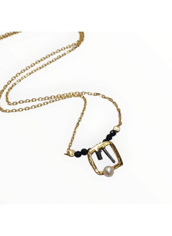 Χειροποίητο Ασημένιο - Επιχρυσωμένο μενταγιόν με μαργαριτάρι και μαύρη Τουρμαλίνη