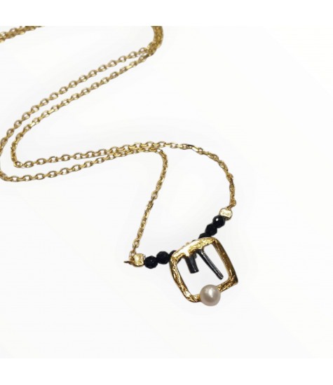 Χειροποίητο Ασημένιο - Επιχρυσωμένο μενταγιόν με μαργαριτάρι και μαύρη Τουρμαλίνη