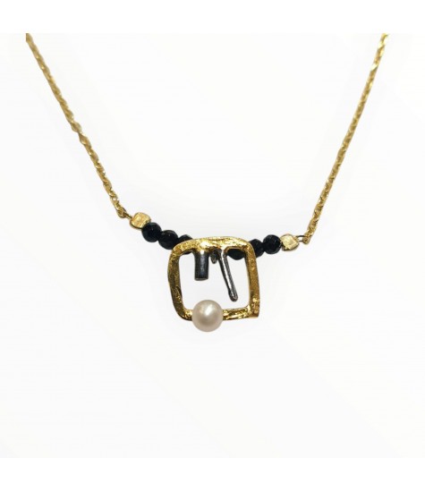 Χειροποίητο Ασημένιο - Επιχρυσωμένο μενταγιόν με μαργαριτάρι και μαύρη Τουρμαλίνη