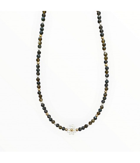 Ασημένιο & Επιχρυσωμένο Κολιέ με Οψιδιανό, Αιματίτη & Σταυρό