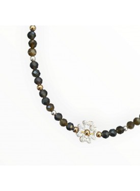 Ασημένιο & Επιχρυσωμένο Κολιέ με Οψιδιανό, Αιματίτη & Σταυρό