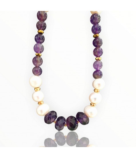 Ασημένιο Επιχρυσωμένο Κολιέ με Αμέθυστο, Μαργαριτάρια & Αιματίτη