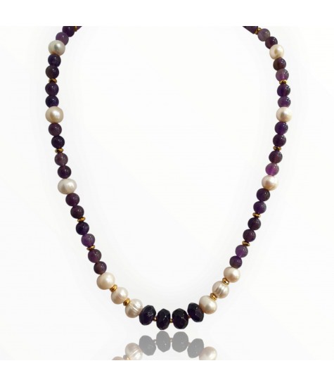 Ασημένιο Επιχρυσωμένο Κολιέ με Αμέθυστο, Μαργαριτάρια & Αιματίτη