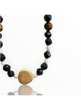 Κολιέ με Μαργαριτάρια, Χρυσό Οψιδιανό & Μάτι Τίγρης με Επιχρυσωμένο Ασήμι 925