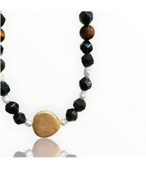Κολιέ με Μαργαριτάρια, Χρυσό Οψιδιανό & Μάτι Τίγρης με Επιχρυσωμένο Ασήμι 925