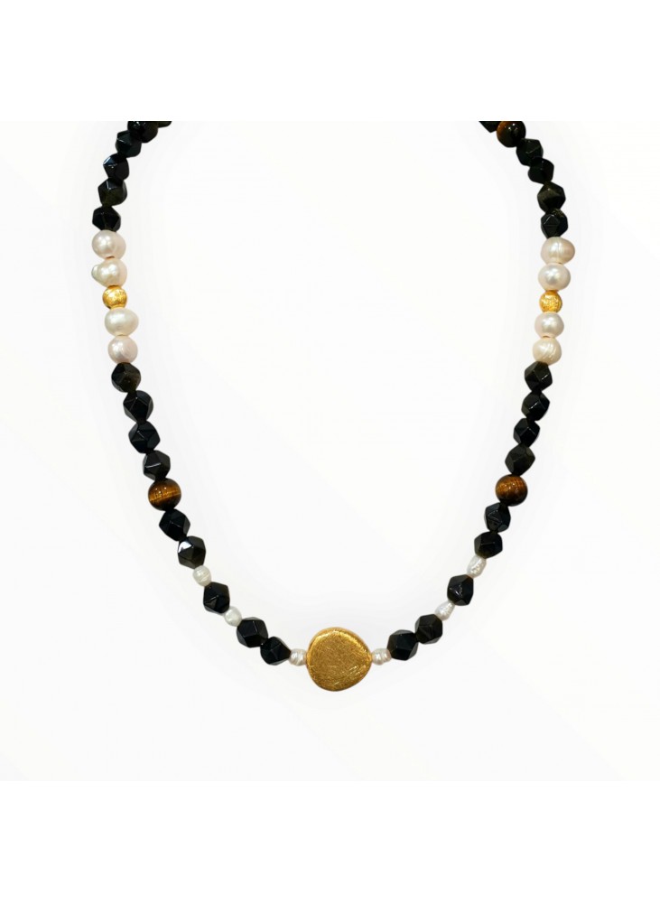 Κολιέ με Μαργαριτάρια, Χρυσό Οψιδιανό & Μάτι Τίγρης με Επιχρυσωμένο Ασήμι 925