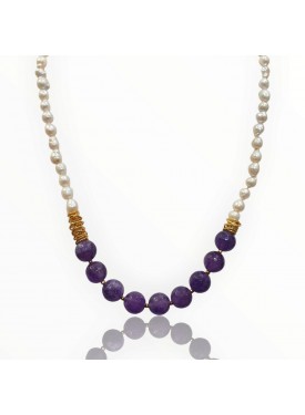 Κολιέ με Μαργαριτάρια Γλυκού Νερού, Αμέθυστο και Επιχρυσωμένο Ασήμι 925
