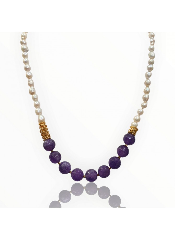 Κολιέ με Μαργαριτάρια Γλυκού Νερού, Αμέθυστο και Επιχρυσωμένο Ασήμι 925
