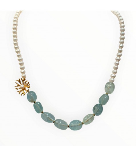 Κολιέ με Μαργαριτάρια Γλυκού Νερού, Ακουαμαρίνα και Επιχρυσωμένο Ασήμι 925