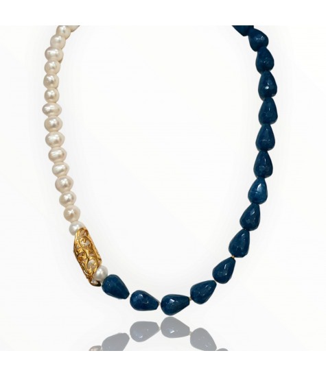 Κολιέ με Μαργαριτάρια Γλυκού Νερού, Απατίτη και Επιχρυσωμένο Ασήμι 925