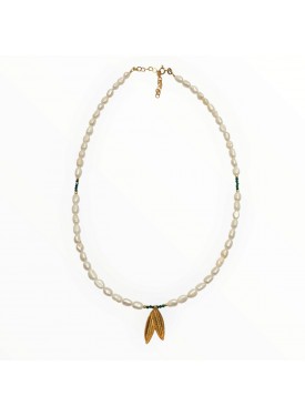 Κολιέ με Μαργαριτάρια Γλυκού Νερού, Μαλαχίτη και Φύλλα Ελιάς σε Επιχρυσωμένο Ασήμι 925