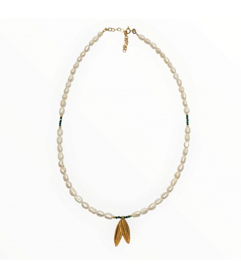 Κολιέ με Μαργαριτάρια Γλυκού Νερού, Μαλαχίτη και Φύλλα Ελιάς σε Επιχρυσωμένο Ασήμι 925