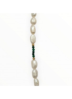 Κολιέ με Μαργαριτάρια Γλυκού Νερού, Μαλαχίτη και Φύλλα Ελιάς σε Επιχρυσωμένο Ασήμι 925