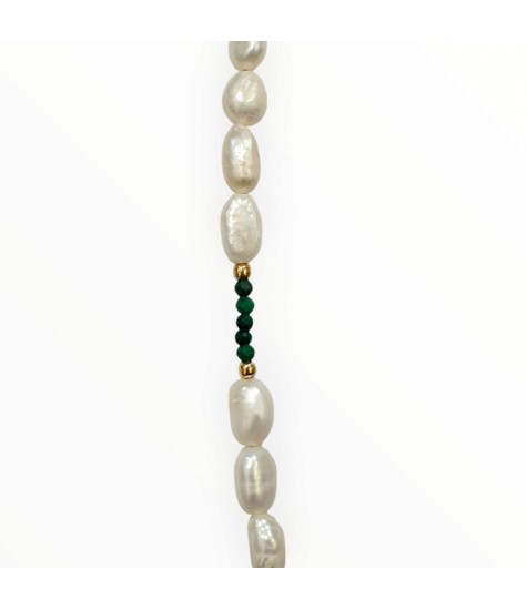 Κολιέ με Μαργαριτάρια Γλυκού Νερού, Μαλαχίτη και Φύλλα Ελιάς σε Επιχρυσωμένο Ασήμι 925